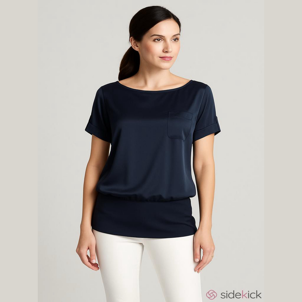 Ann Taylor Satin Roll Tab Short Sleeve Elastic Waist Tunic Navy Top Size 4